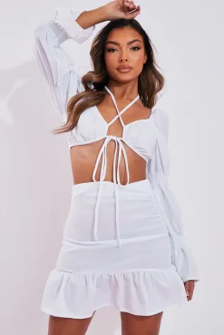 Rebellious Fashion White Shirred Sleeve Crop Top & Ruched Mini Skirt Set - Ariana