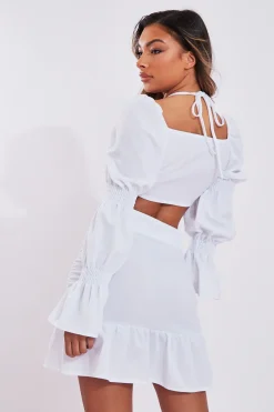 Rebellious Fashion White Shirred Sleeve Crop Top & Ruched Mini Skirt Set - Ariana