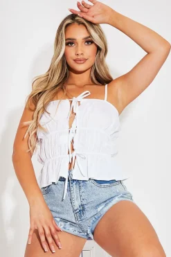 Rebellious Fashion White Shirred Tie Front Top - Jadalee