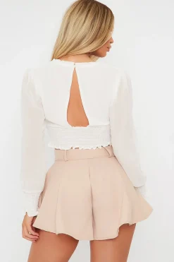 Rebellious Fashion White Shirred Waist Long Sleeve Top - Ima