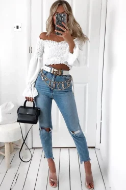 Rebellious Fashion White Shirred Wrap Over Bardot Crop Top - Zuri