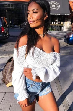 Rebellious Fashion White Shirred Wrap Over Bardot Crop Top - Zuri