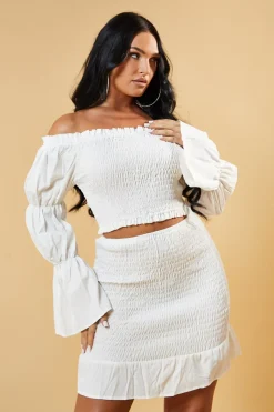 Rebellious Fashion White Shirring Detail Bardot Top & Mini Skirt Co-ord Set - Connie