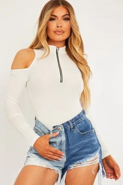Rebellious Fashion White Shoulder Cut Out Zip Bodysuit - Celine