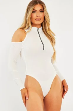 Rebellious Fashion White Shoulder Cut Out Zip Bodysuit - Celine