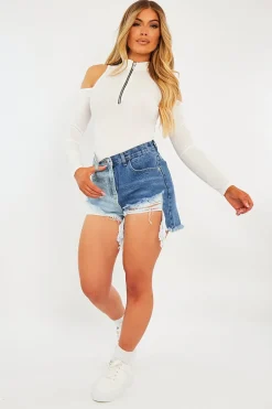 Rebellious Fashion White Shoulder Cut Out Zip Bodysuit - Celine