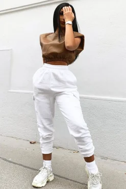 Rebellious Fashion White Side Cargo Pocket Joggers - Chantel