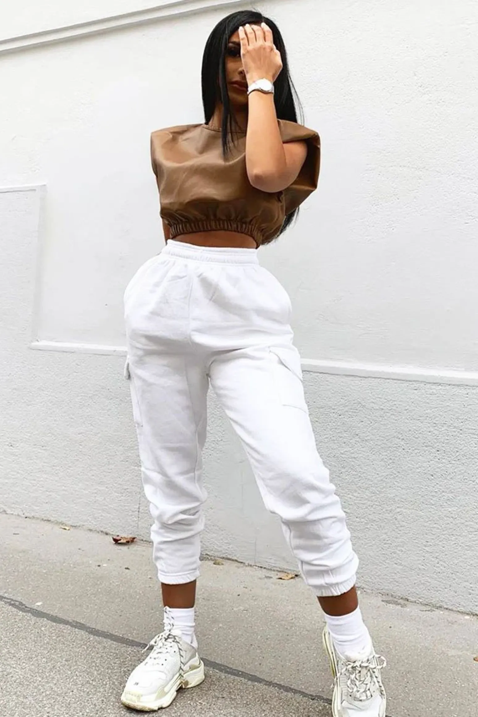 Rebellious Fashion White Side Cargo Pocket Joggers - Chantel