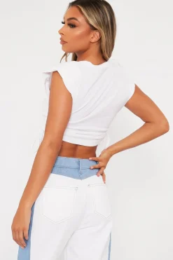 Rebellious Fashion White Side Ruched Shoulder Pad Crop Top - Elane
