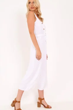 Rebellious Fashion White Sleeveless Button Down Culotte Jumpsuit - Kalanni