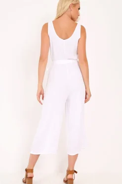 Rebellious Fashion White Sleeveless Button Down Culotte Jumpsuit - Kalanni