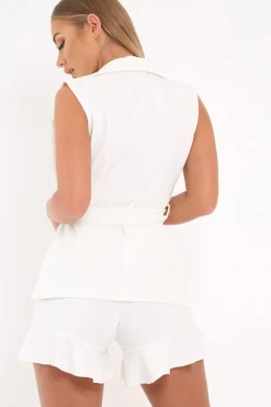 Rebellious Fashion White Sleeveless Slim Fit Gold Buckle Blazer - Zyla
