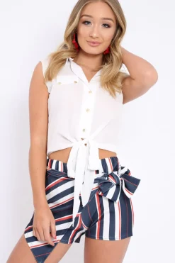 Rebellious Fashion White Sleeveless Tie at Front Blouse - Crista