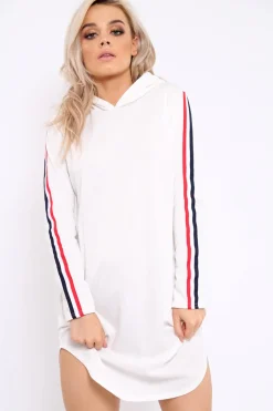 Rebellious Fashion White Sleeve Sports Trim Curve Hem Jumper Dress - Dixie