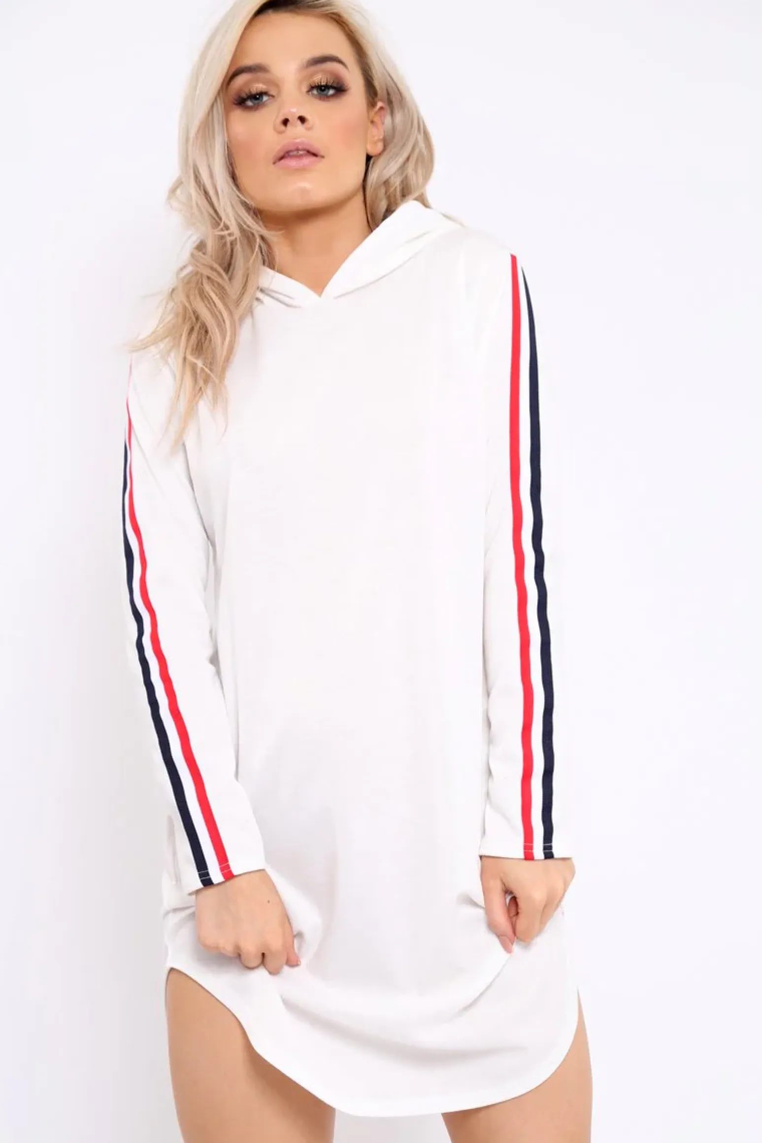 Rebellious Fashion White Sleeve Sports Trim Curve Hem Jumper Dress - Dixie
