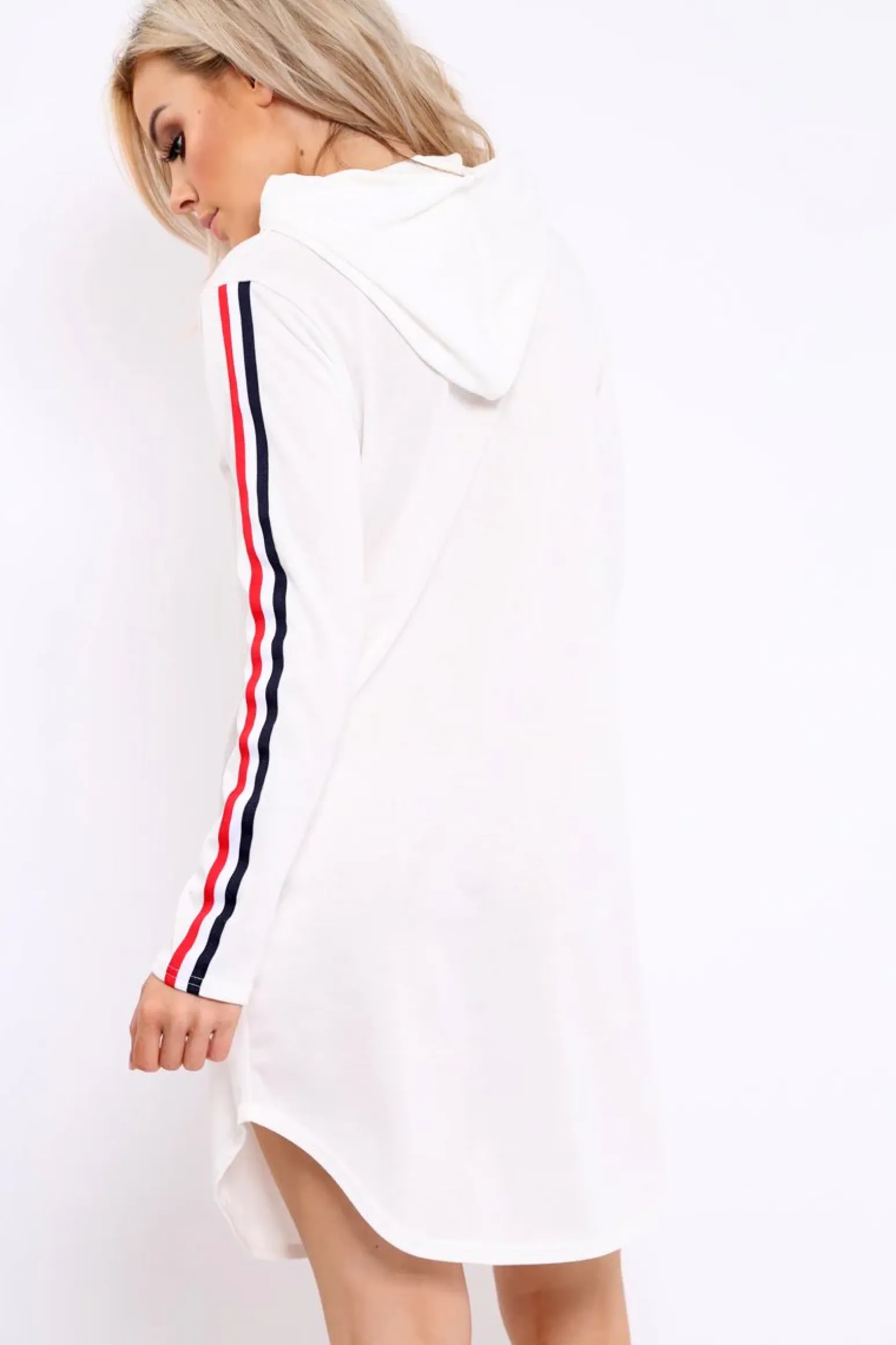 Rebellious Fashion White Sleeve Sports Trim Curve Hem Jumper Dress - Dixie
