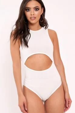 Rebellious Fashion White Slinky Cut Out Middle Bodysuit - Jolissa