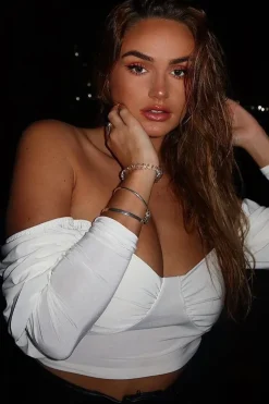 Rebellious Fashion White Slinky Off Shoulder Crop Top - Danni