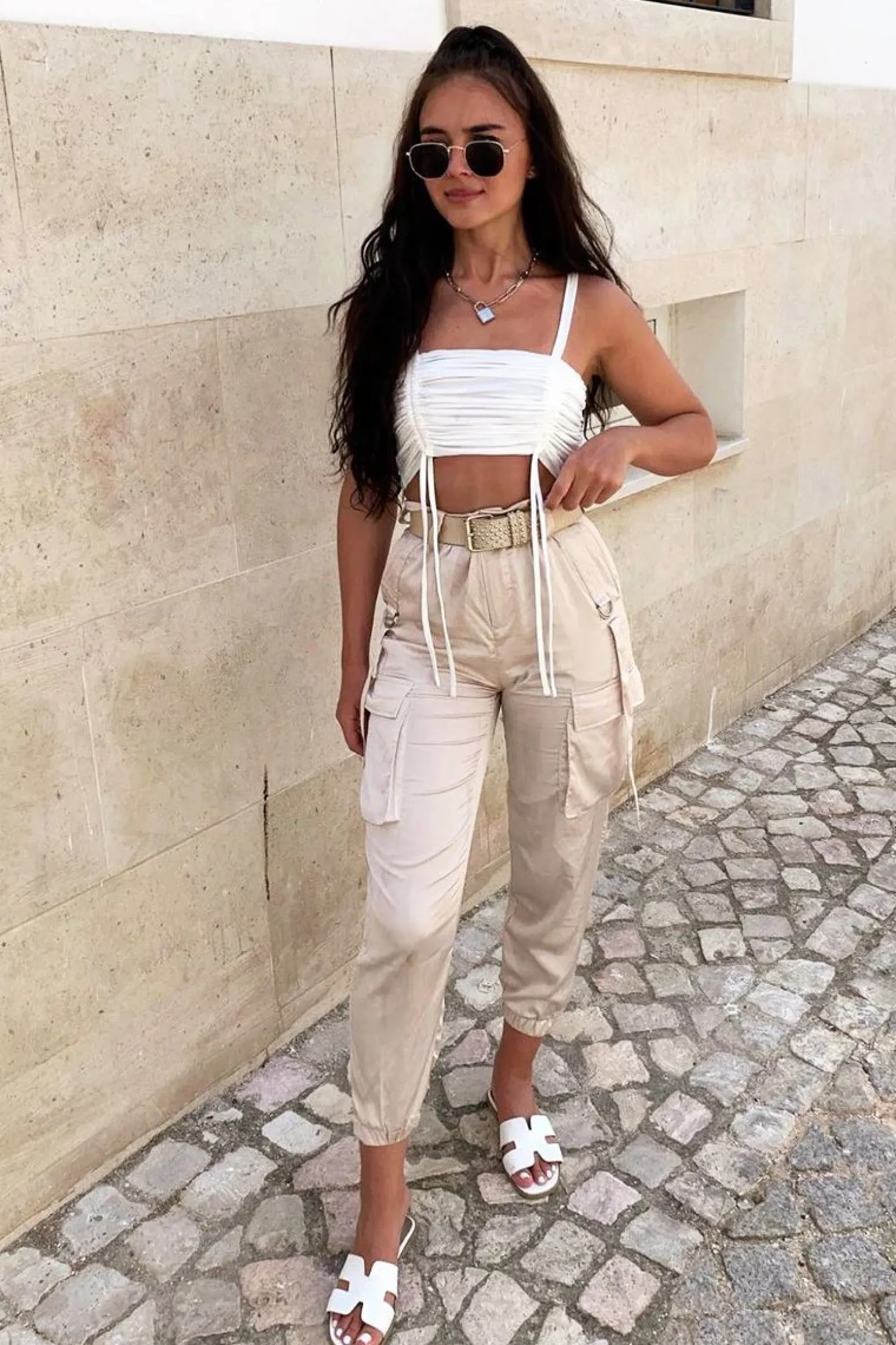 Rebellious Fashion White Slinky Ruched Detail Crop Top - Bellah