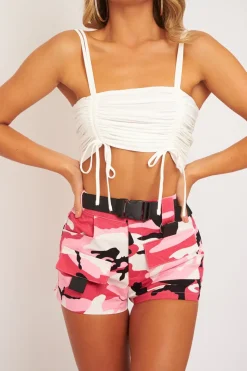 Rebellious Fashion White Slinky Ruched Detail Crop Top - Bellah