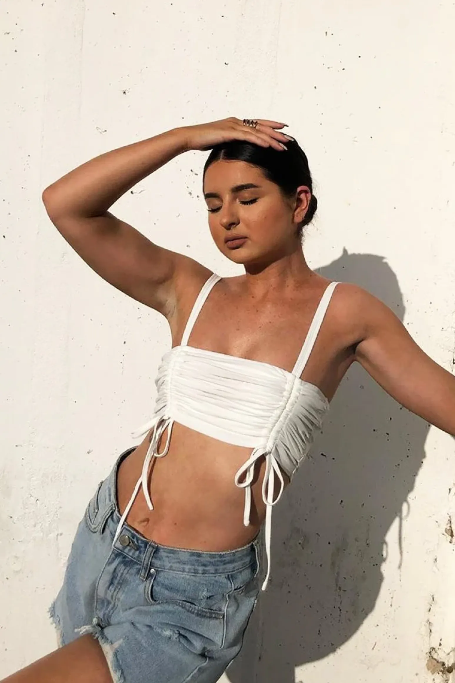 Rebellious Fashion White Slinky Ruched Detail Crop Top - Bellah