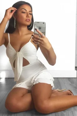 Rebellious Fashion White Slinky Tie Front Ruffle Dress - Keli