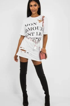 Rebellious Fashion White Slogan Distressed T-Shirt Dress - Ashlen