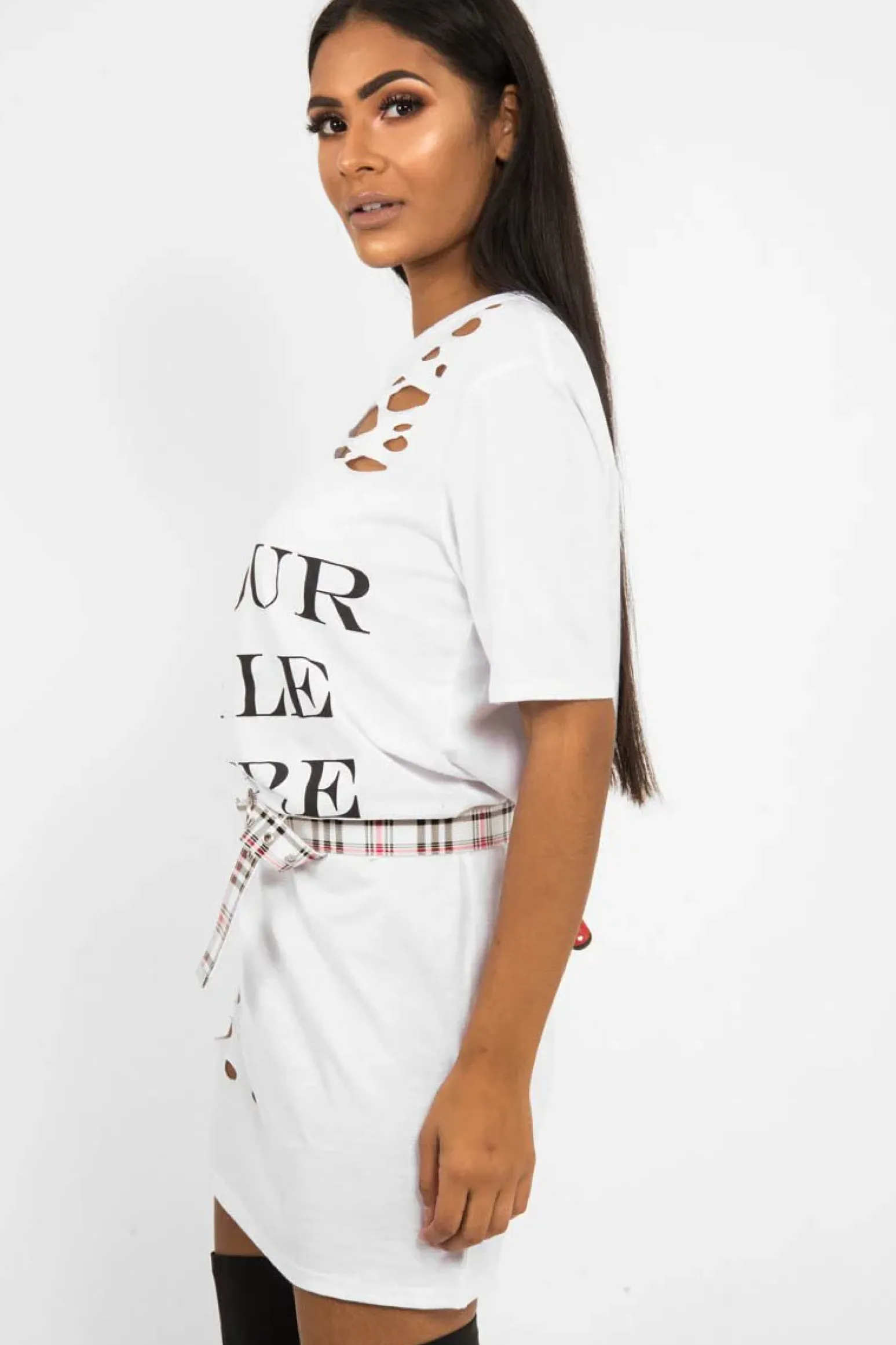 Rebellious Fashion White Slogan Distressed T-Shirt Dress - Ashlen
