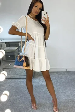 Rebellious Fashion White Smock Tiered Frill Sleeve Mini Dress - Olah