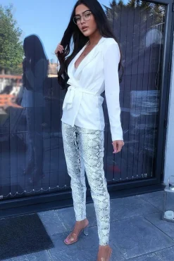 Rebellious Fashion White Snake Print Faux Leather Ring Zip Trousers - Alexus