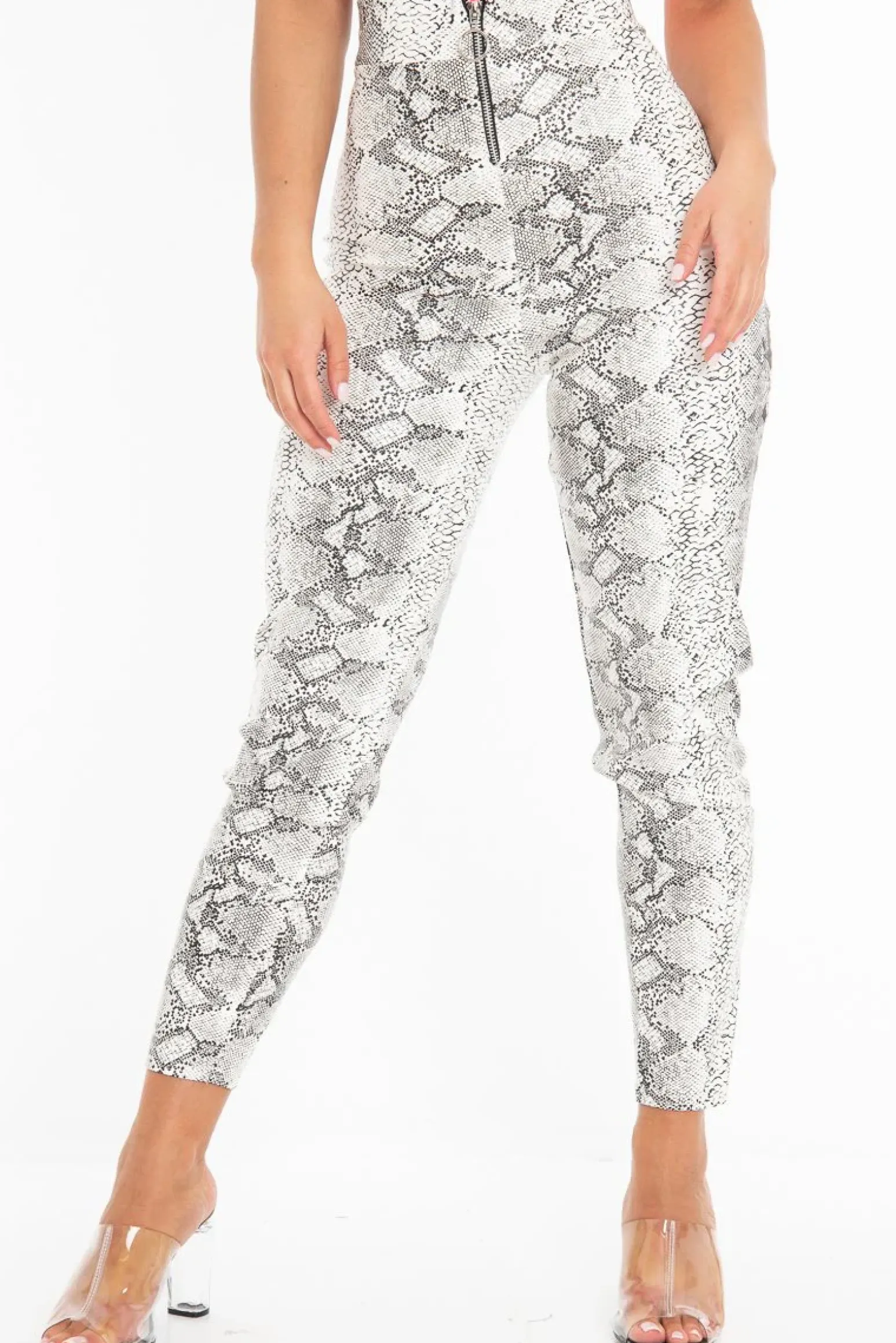 Rebellious Fashion White Snake Print Faux Leather Ring Zip Trousers - Alexus