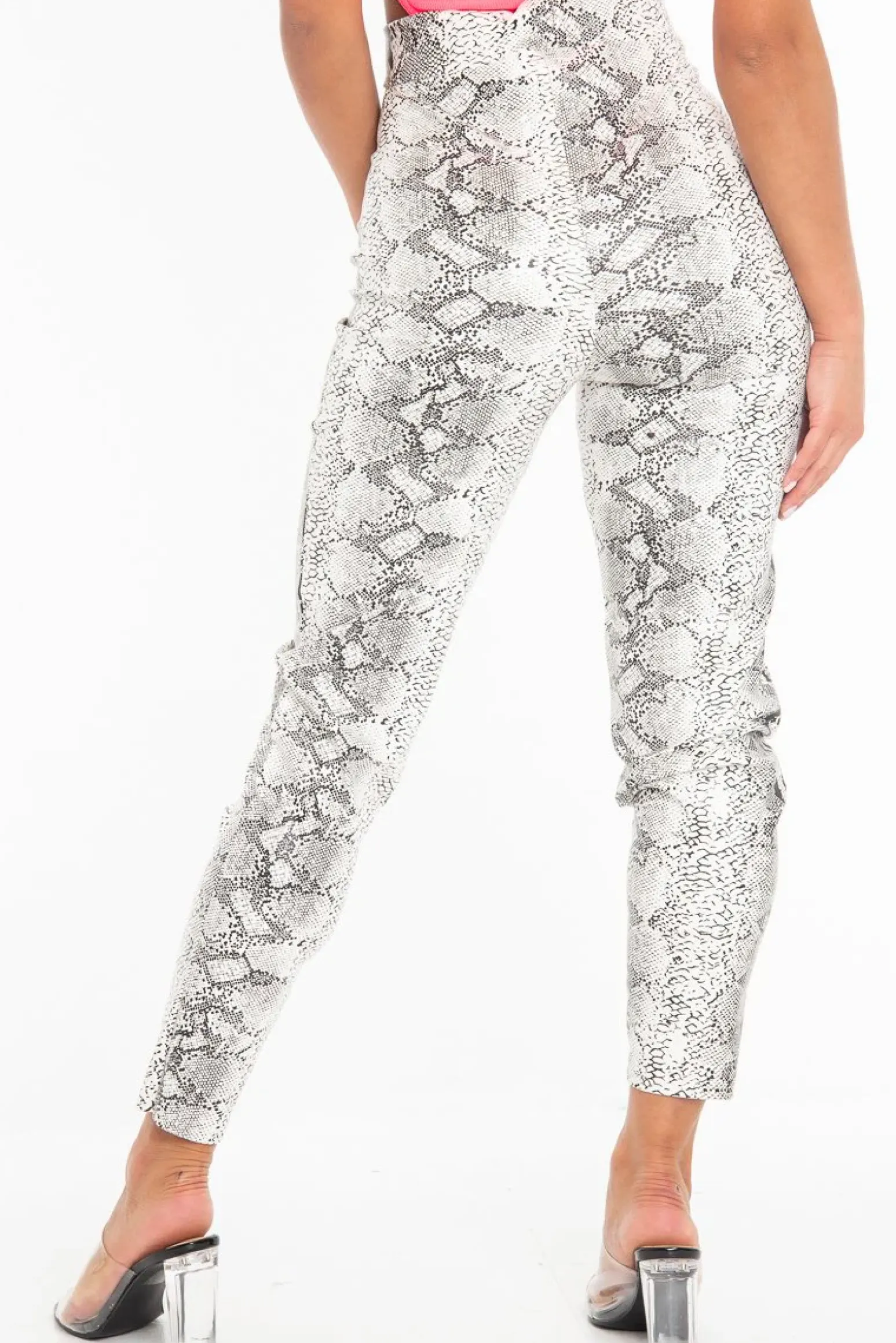 Rebellious Fashion White Snake Print Faux Leather Ring Zip Trousers - Alexus
