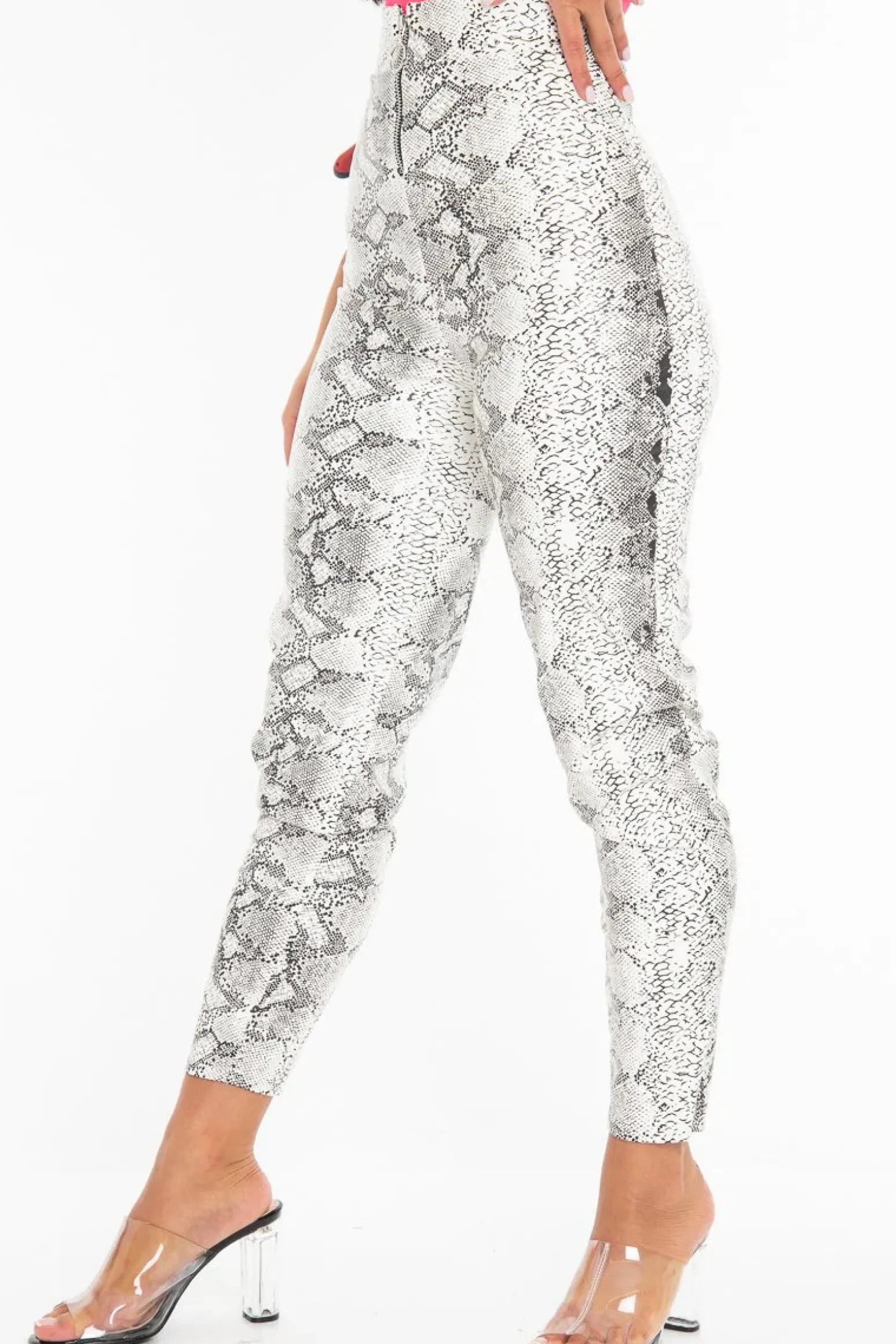 Rebellious Fashion White Snake Print Faux Leather Ring Zip Trousers - Alexus