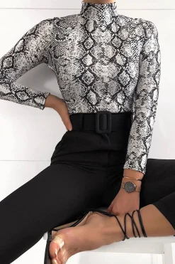 Rebellious Fashion White Snake Print High Neck Long Sleeve Bodysuit - Evanna