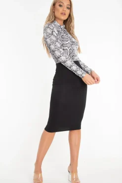 Rebellious Fashion White Snake Print High Neck Long Sleeve Bodysuit - Evanna