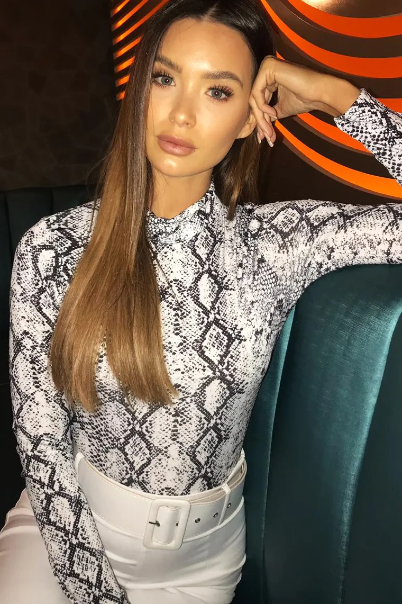 Rebellious Fashion White Snake Print High Neck Long Sleeve Bodysuit - Evanna
