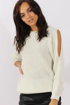 Rebellious Fashion White Sparkle Knitted Cold Shoulder Jumper - May