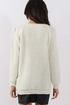Rebellious Fashion White Sparkle Knitted Cold Shoulder Jumper - May