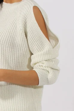 Rebellious Fashion White Sparkle Knitted Cold Shoulder Jumper - May