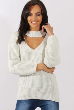 Rebellious Fashion White Sparkle Knitted Cut Out Front Jumper - Meri