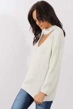 Rebellious Fashion White Sparkle Knitted Cut Out Front Jumper - Meri