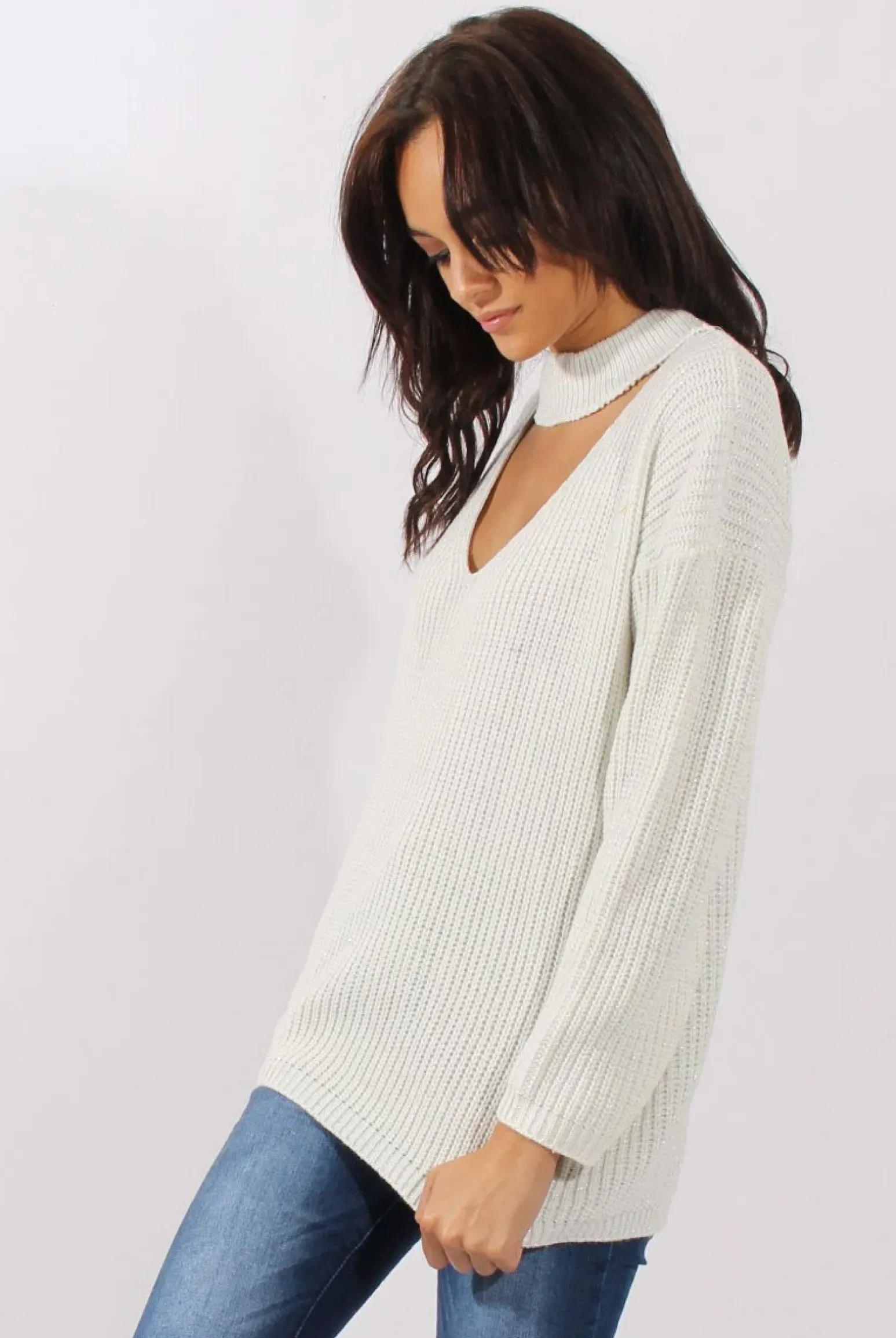 Rebellious Fashion White Sparkle Knitted Cut Out Front Jumper - Meri