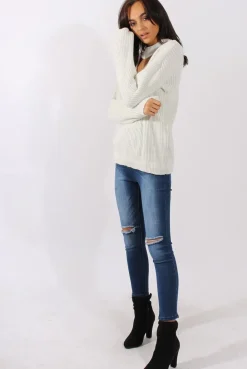 Rebellious Fashion White Sparkle Knitted Cut Out Front Jumper - Meri