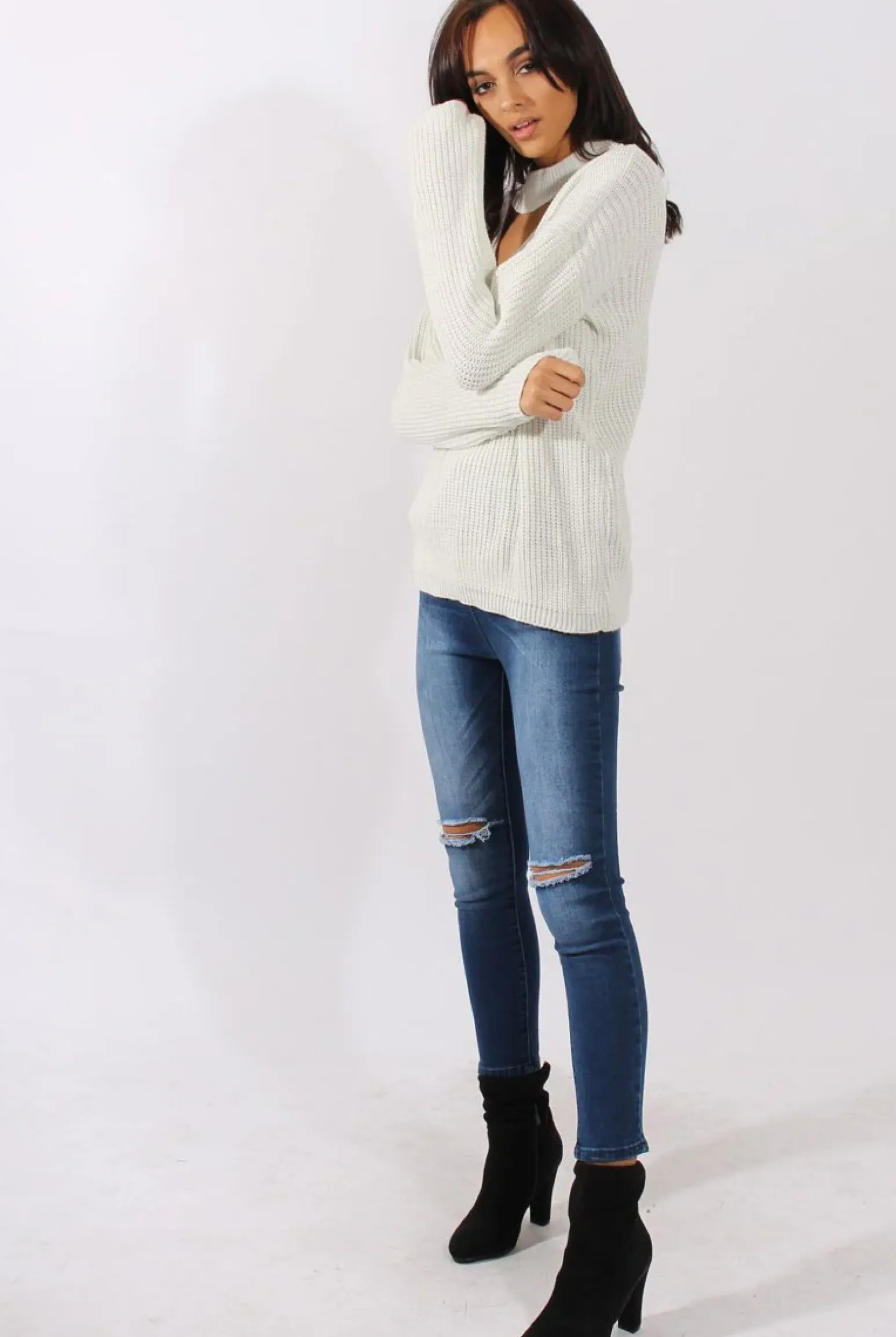 Rebellious Fashion White Sparkle Knitted Cut Out Front Jumper - Meri