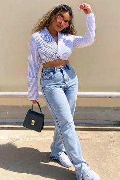 Rebellious Fashion White Splice Stripe Wrap Shirt - Brenna