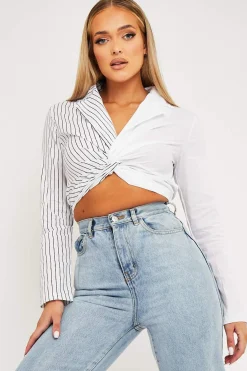 Rebellious Fashion White Splice Stripe Wrap Shirt - Brenna