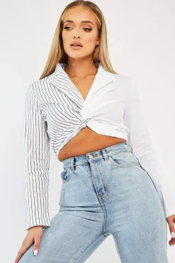 Rebellious Fashion White Splice Stripe Wrap Shirt - Brenna