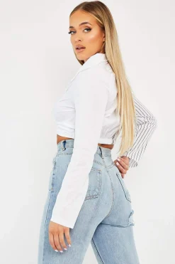 Rebellious Fashion White Splice Stripe Wrap Shirt - Brenna