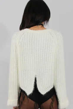 Rebellious Fashion White Split Back Cropped Fluffy Jumper - Laura