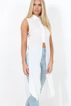 Rebellious Fashion White Split Detail Longline Shirt - Eva